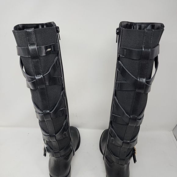 Thalia Sodi Riding Boots Womens 5 Black Veronika Faux Leather Zip Buckle Strap - Picture 7 of 10